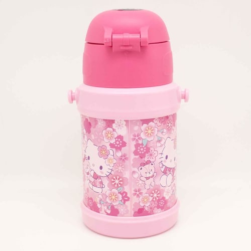 OSK Hello Kitty Sakura Stainless Steel Bottle with Straw, Pink [SBR-450S] with Shoulder Strap