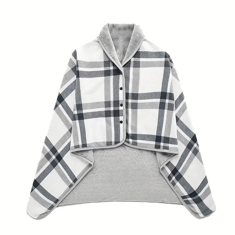 Thick Plaid Wearable Blanket Adults Warm Winter Soft Breathable Fleece With Button For Office/Travel/Home/Camping