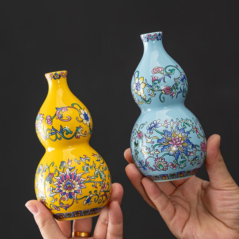 Chinese style enamel gourd ceramic vase, living room decoration, flower vase, desktop decoration vase