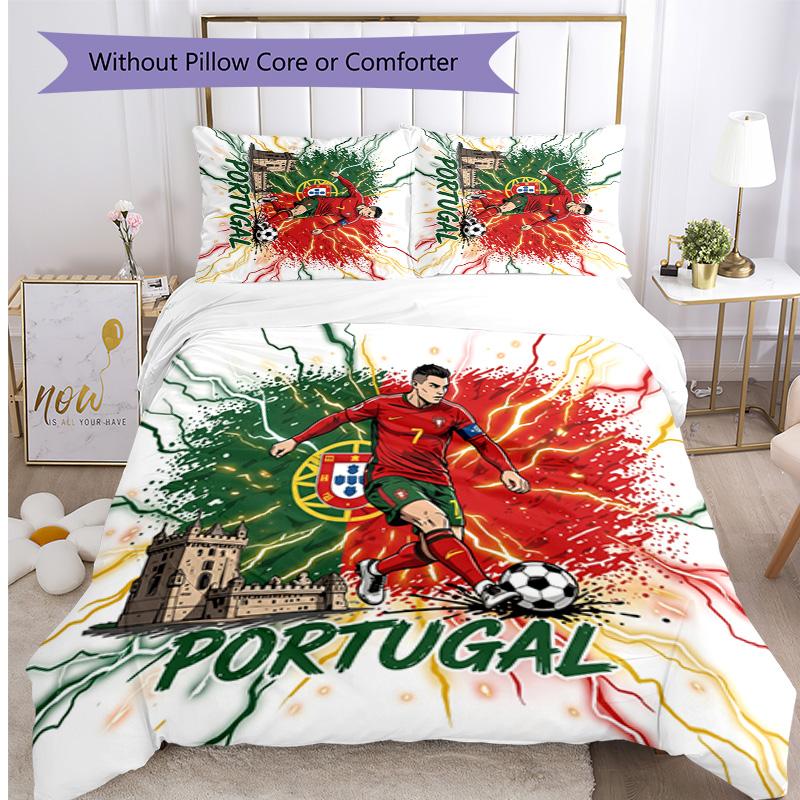 Portugal Football Printed Bedding 3 Piece Set Cozy Breathable Bed Cover Set as Housewarming Holiday Gift