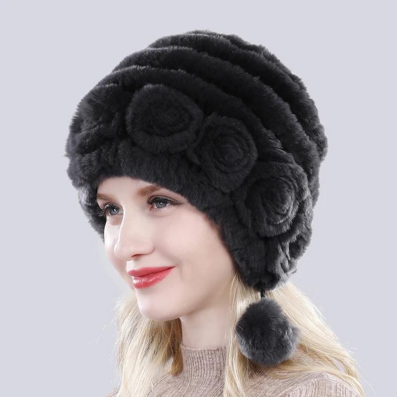 Hot Sale Winter Women Flowers Striped Natural Real Rex Rabbit Fur Hats Lady Warm Knit Genuine Fur Caps