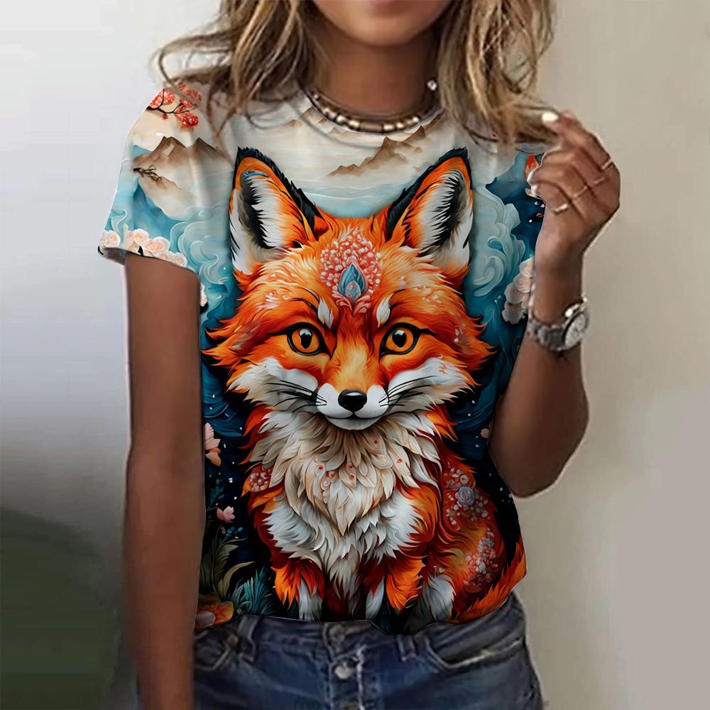 3D Printed Fox Pattern Women's T-shirt Summer Casual Round Neck Top Short Sleeve Loose T-shirt Daily Outing Short Sleeve