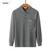 Men's Thick Cotton Long-Sleeve Dad T-Shirt for Spring/Autumn - Loose Fit, Solid Color, Lapel, Real Pocket, Casual Wear for Middle-Aged Men.