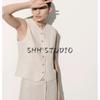 Spring and Summer Women's Clothing Fashion Style Decorated Row Button V Neck Sleeveless Short Linen Blended Suit Vest 1275503