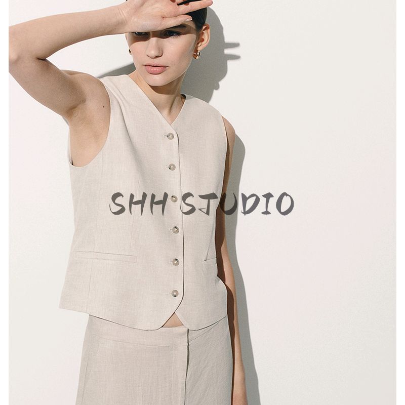 Spring and Summer Women's Clothing Fashion Style Decorated Row Button V Neck Sleeveless Short Linen Blended Suit Vest 1275503