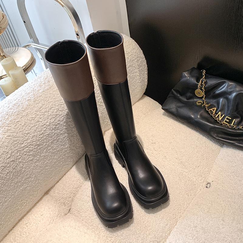 New autumn and winter new black and white color matching boots women's thick soles but knee high boots long boots thin boots