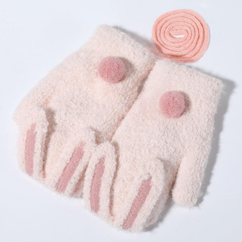 Kids Winter Warm Fleece Lined Knit Gloves With Rabbit Design Girls Age 2-5 Windproof Full Finger Mittens Wrist Strap