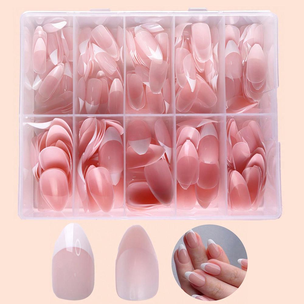 360 piezas/caja de uñas postizas de gel suave y brillante, color rosa, francés, almendra media, blanco, uñas postizas sencillas, 10 rejillas