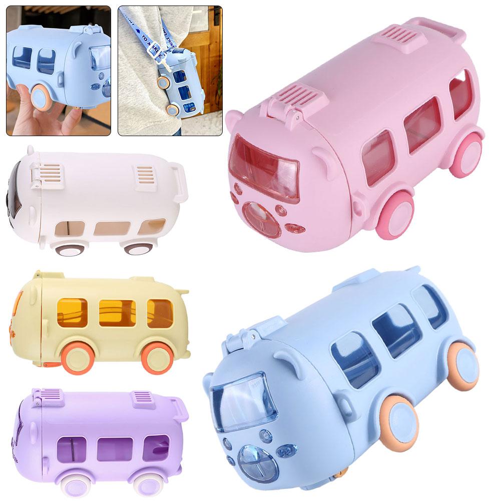 Bus Shape Cute Car Water Bottle with Movable Wheels Strap Plastic Drinking Bottle Leakproof for Boys Girls