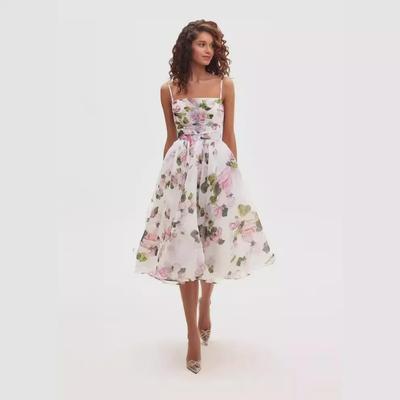 Vestido de organza con tirantes para mujer, estilo europeo y americano, primavera/verano 2024: estilo de noche de longitud media con efecto hada.