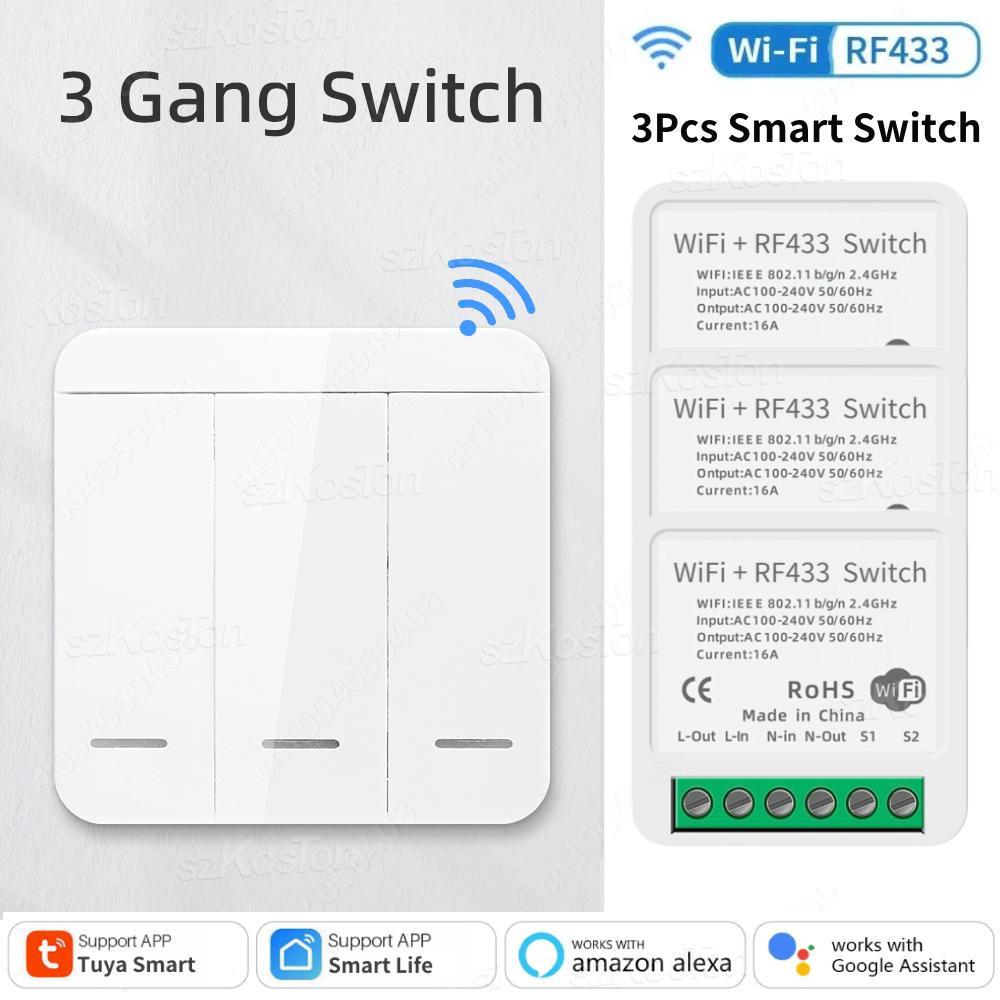 Tuya RF433MHz WiFi Smarter Schalter Kabelloser Fernbedienungs-Lichtschalter Relais-Controller Sprachsteuerung Funktioniert mit Alexa Google