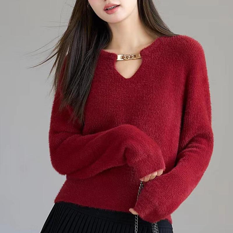 Hollow Out Solid Color Sweater for Women Autumn and Winter Small Fragrance Style Knitted Sweater Top