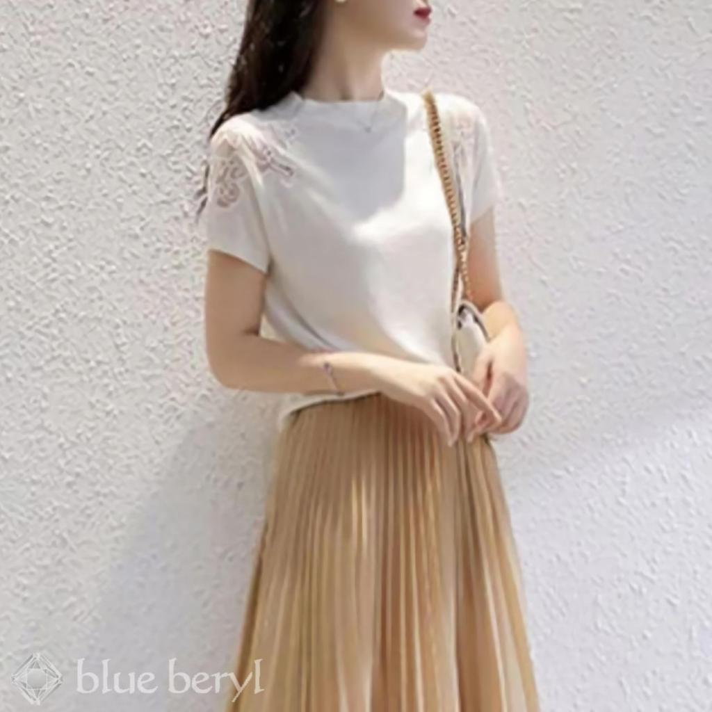 Summer Knit Top for Short Lace Round Cool Round Mature Sweet and Beautiful Mature Office [blue Beryl] Women, Sleeves, Switching, See-through, Neck,