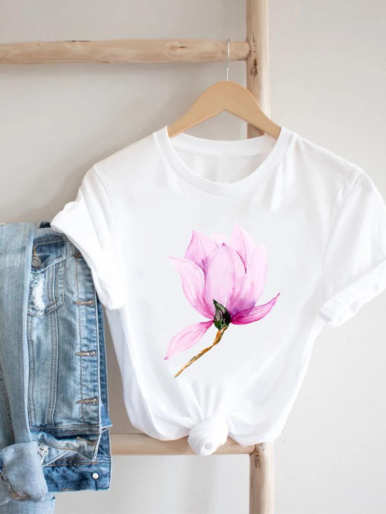 Women's Short-sleeved T-shirt, Fashionable Flower Print Bottoming Shirt