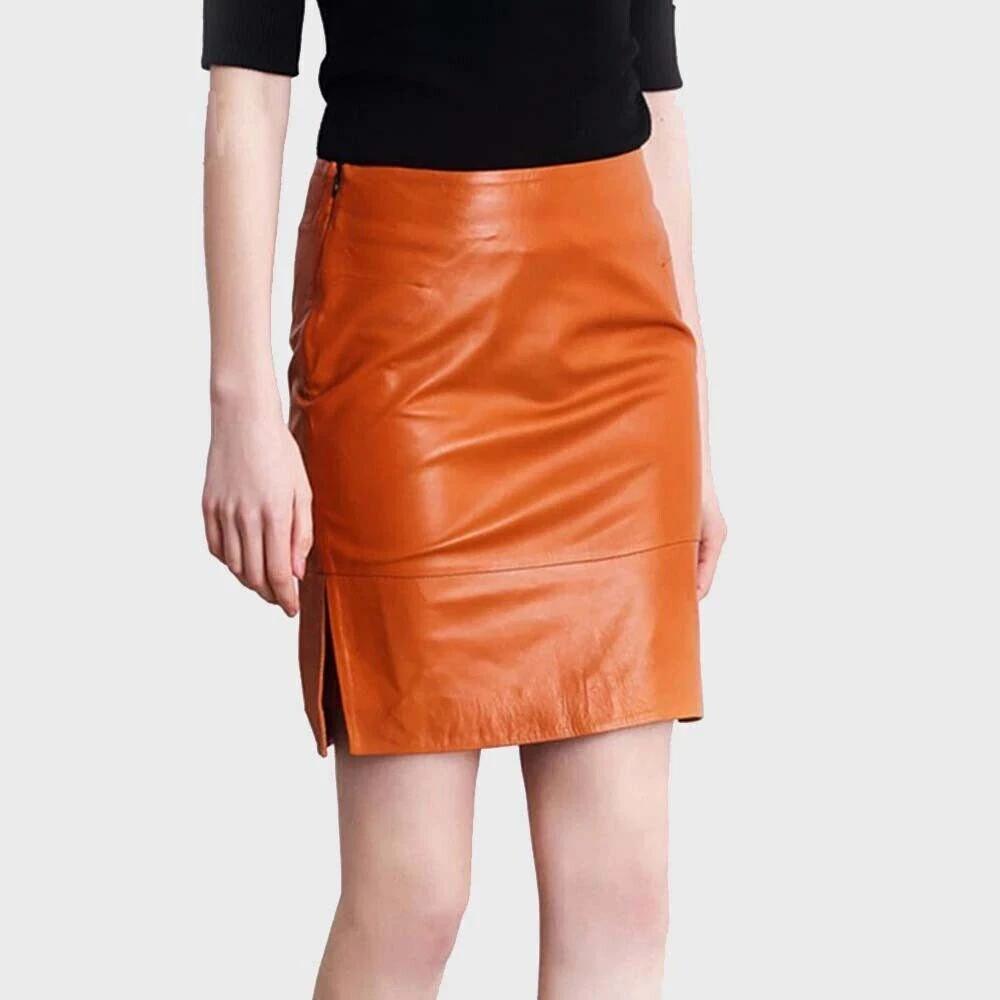 Formal Skirt Genuine Wear Women's Lambskin Leather Party Orange Handmade Casual
