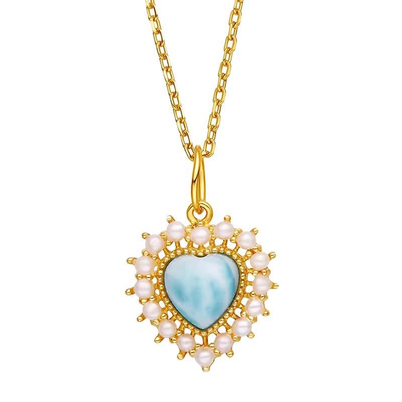 Natural larimar heart-shaped pearl sterling silver pendant necklace 925 silver