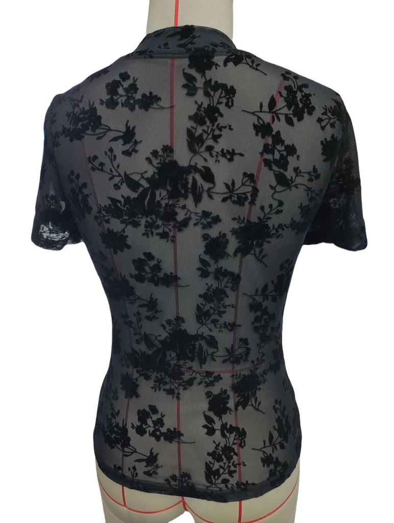 Women's Elegant Mesh Stand-Up Collar Flocking Print Short-Sleeve Top (2025)