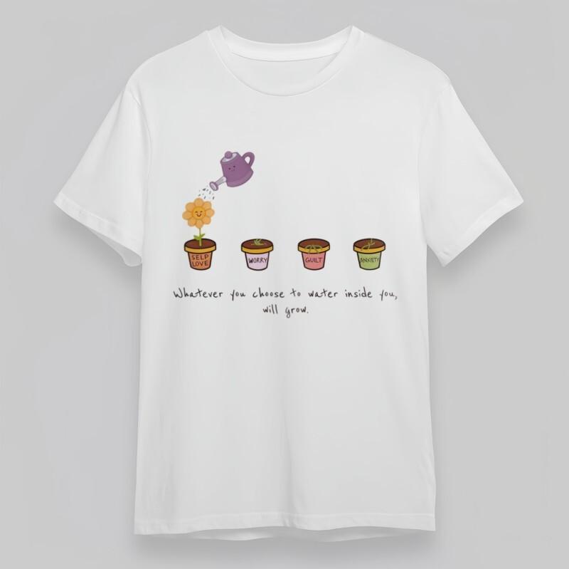 

Women s Oversize T-Shirt Self Love Watering Can and Flowerpot Graphic Cotton Tee M