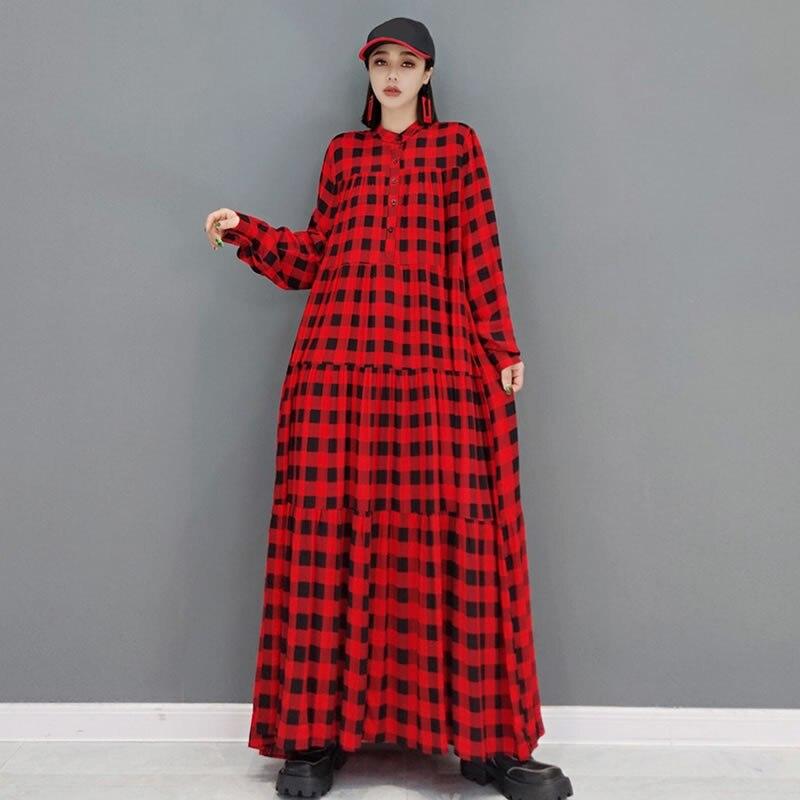 Xitao Plaid Pleated Fashion Loose Dress GWJ0734