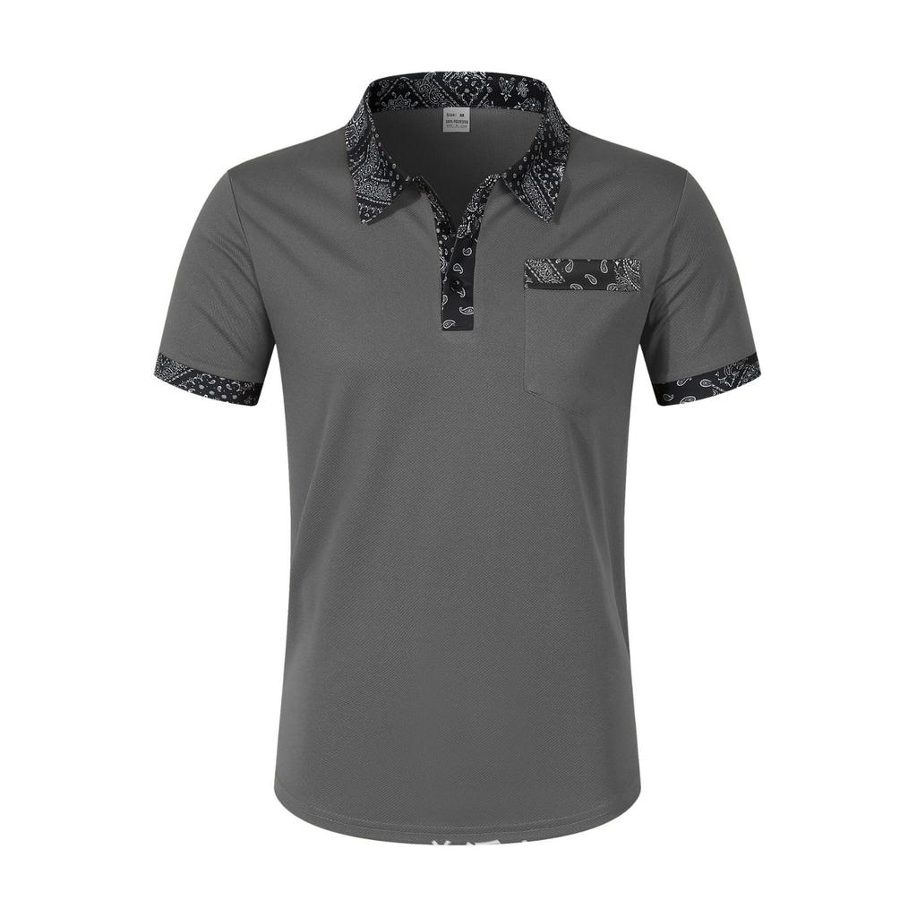 Men's Fashion Collar Print  Loose Polo Shirts Short Sleeve Turn-down  Solid Color Simple T-shirt Top