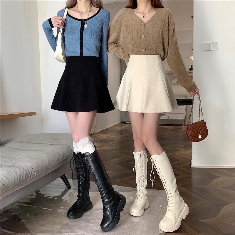 Korean Style High-Waisted Corduroy A-line Skirt - 2025 Slimming Autumn/Winter Petite Umbrella Skirt with Anti-exposure Design