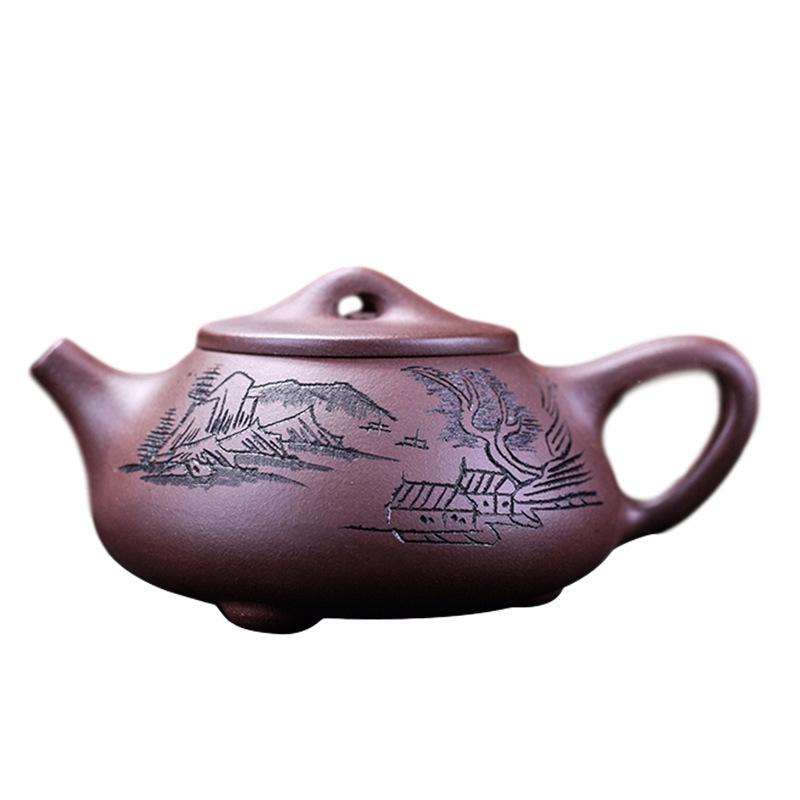 

260ml Antique Yixing Purple Clay Teapots Famous Artists Handmade Stone Scoop Pot Raw Ore Purple Mud Kettle Chinese Zisha Tea Set