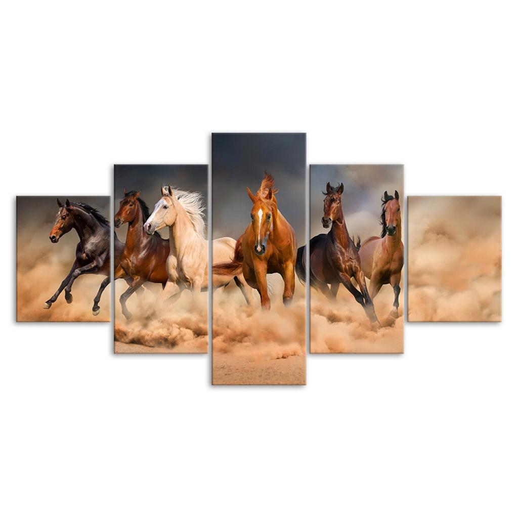 Horses Galloping Running Scene 5 Piece Five Panel Wall Canvas Print Modern Art Poster Picture Home Decor Gift For Him For Her
