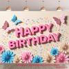 2D Pink Blue Flower Butterfly Backdrop Happy Birthday for Girls Themed Photo Booth Background