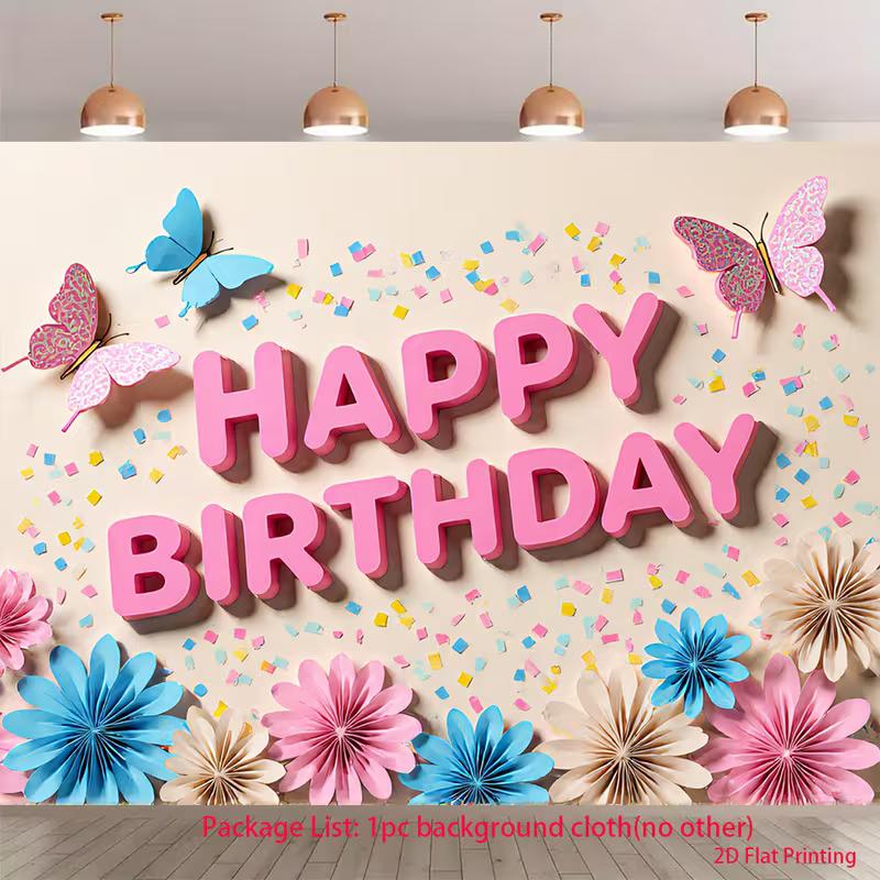 2D Pink Blue Flower Butterfly Backdrop Happy Birthday for Girls Themed Photo Booth Background