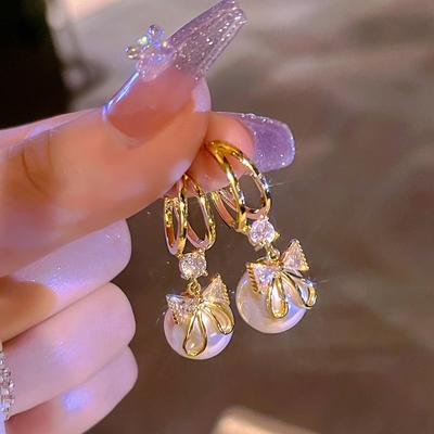 Exquisite Perle Bogen Stud Ohrringe Für Frauen Quaste Ohrring Braut Hochzeit Partei Schmuck