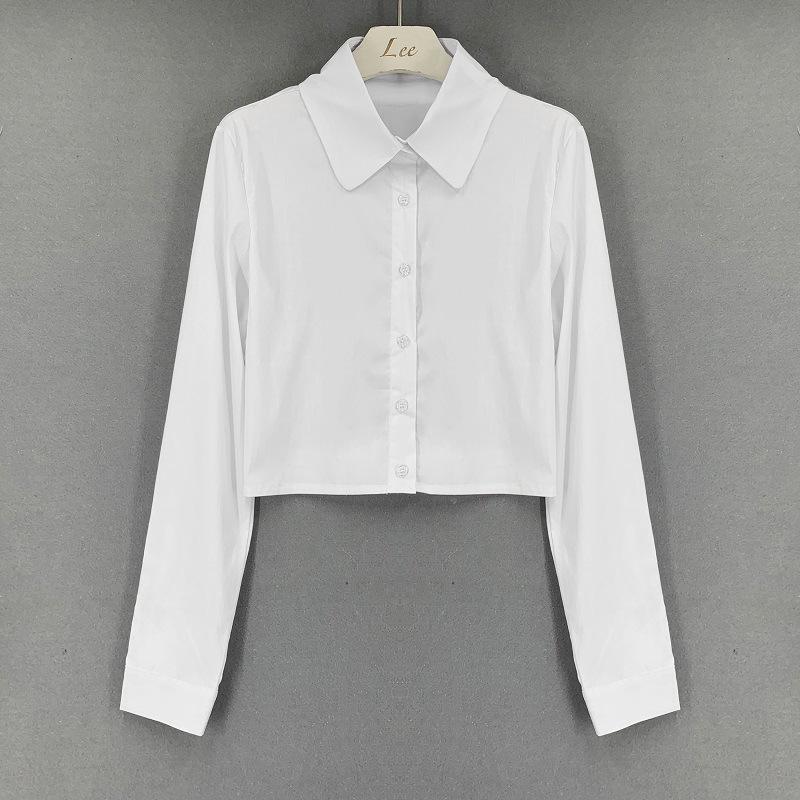 Korean White Cropped Slimming Long Sleeve Shirt for Women