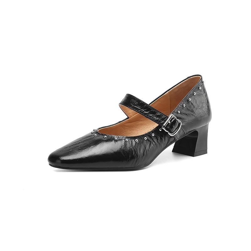 

Туфли из коровьей кожи весна-осень 2025 года на среднем каблуке с неглубокими заклепками в стиле ретро Туфли Мэри Джейн из натуральной кожи для женщин внутри и снаружи 34