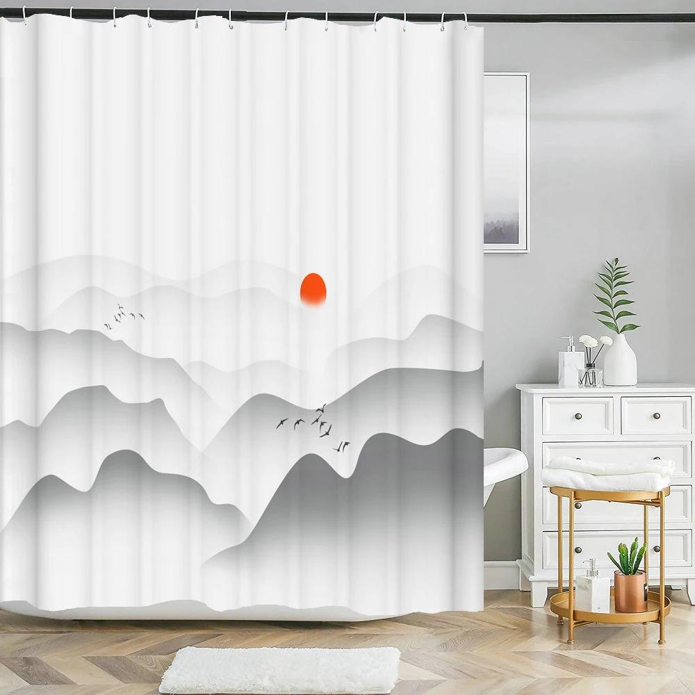 Chinese ink landscape style shower curtain scenic pattern Waterproof Fabric bath curtain washable Bathroom curtains Multi Size