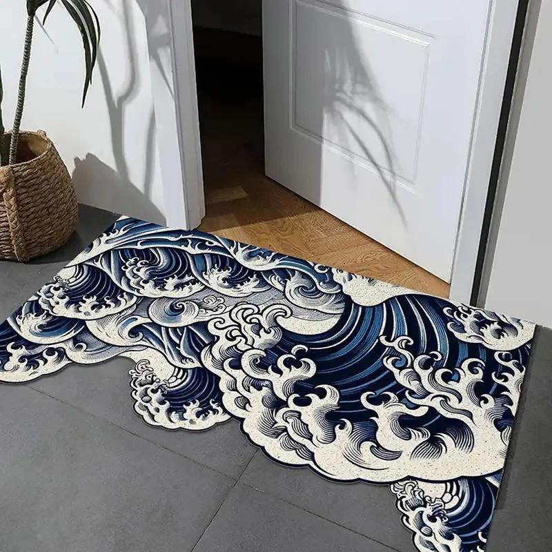 Kanagawa Surf Ukiyo-e Irregular Doormat, Japanese Style Non-Slip Foot Mat, Durable Entryway Rug, Artistic Home Decoration