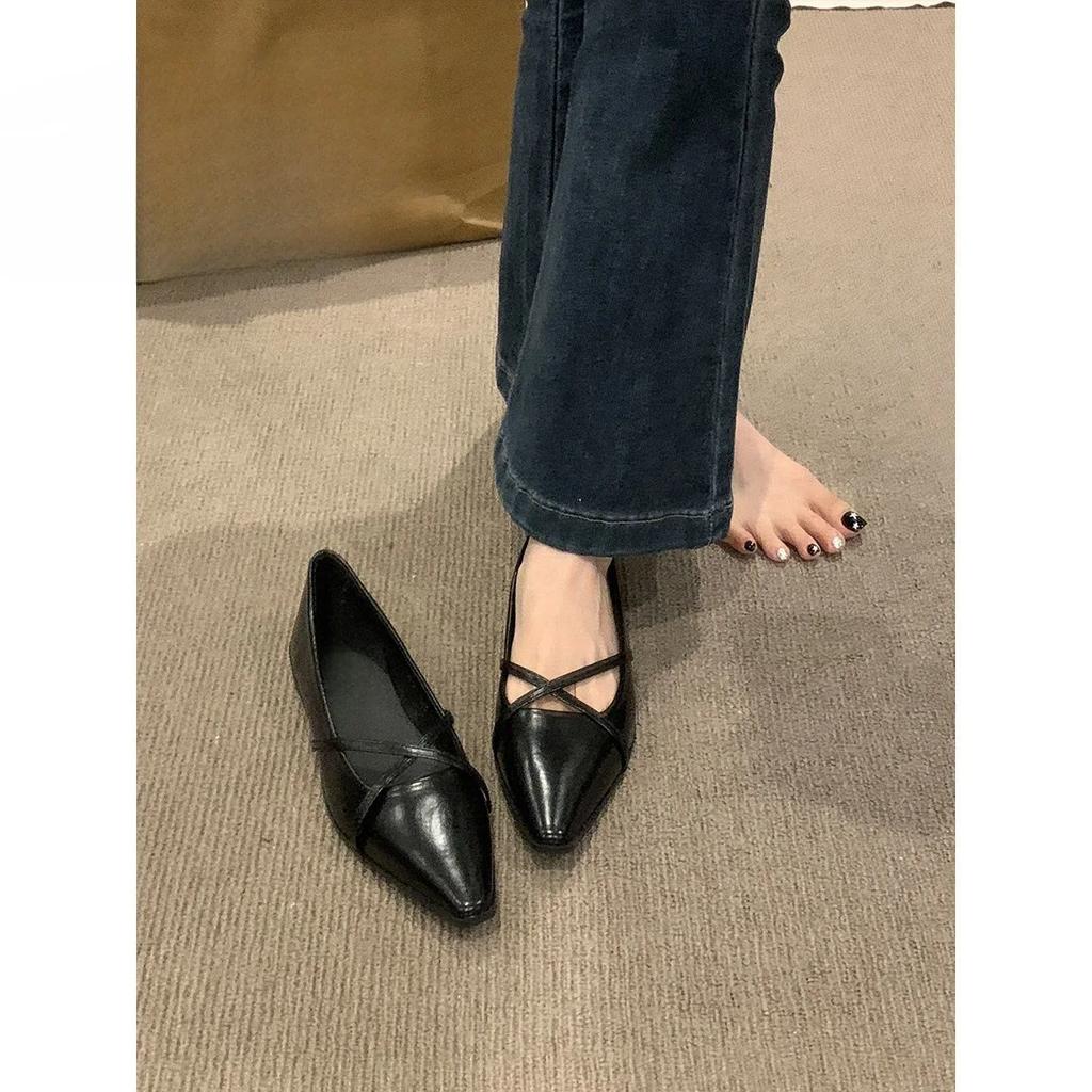 Cross Strap Women Mary Jane Shoes New 2025 Autumn Pointed Toe Dress Flat Shoe Ladies Red Soft Sole Ballet Shoes Zapatos