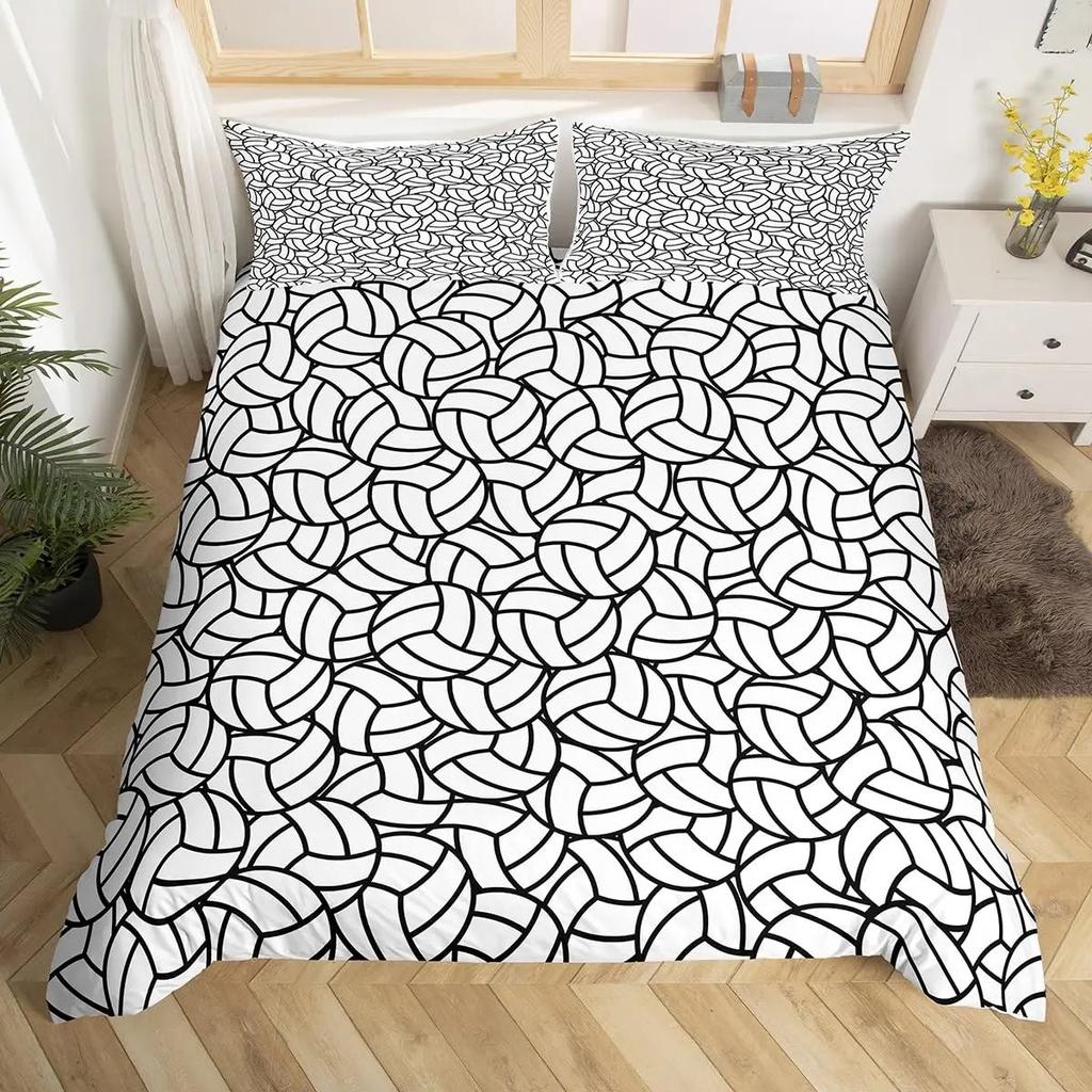 Set husă de pilotă volei, Set de lenjerie de pat cu tematică sporturi cu minge pentru băieți, adolescenți, decor dormitor, husă de pilotă neagră cu 2 fețe de pernă