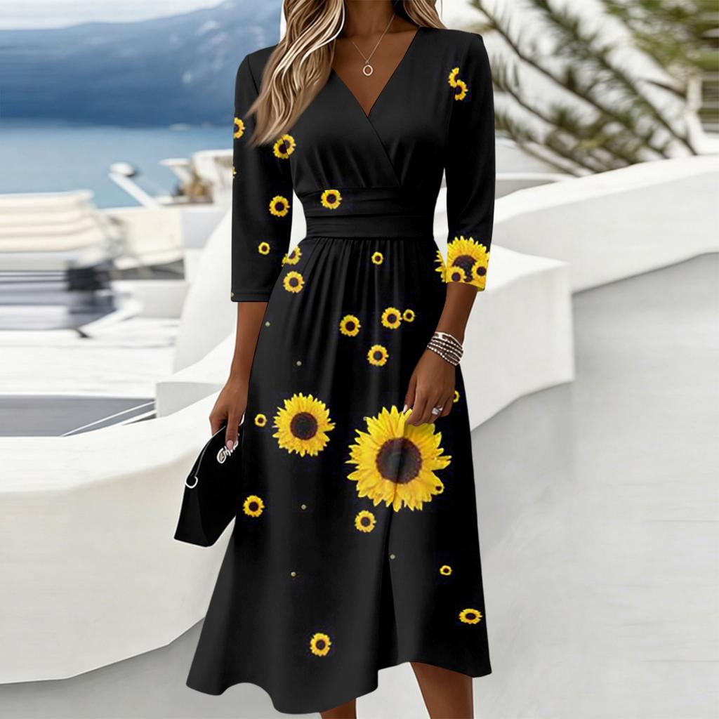 Women's Floral Casual Fashion Midi Dress V Neck Three Quarter Sleeve Back Zipper Elegant Fit and Flare Design Comfortable Fabric