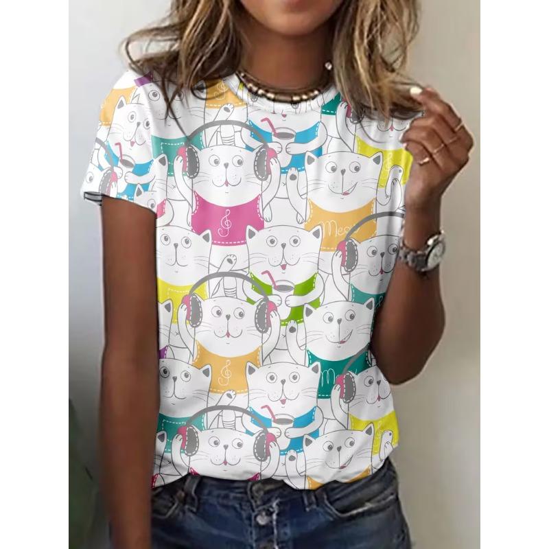 Summer Cute Cartoon Cat T-Shirts Women Short Sleeve Round Neck T Shirt Tees Harajuku Y2K Top Female Clothing