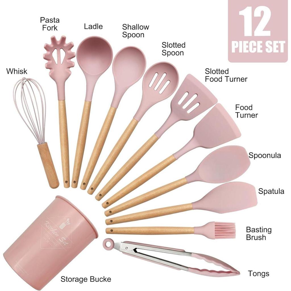 Silicone Cooking Utensils Kitchen Utensil Set, 12 PCS Wooden Handle Nontoxic BPA Free Silicone Spoon Spatula Turner Tongs Kitchen Gadgets Utensil Set
