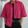 INCERUN Men Lapel Neck Short Sleeve Striped Casual Loose Irregular Cropped Shirts