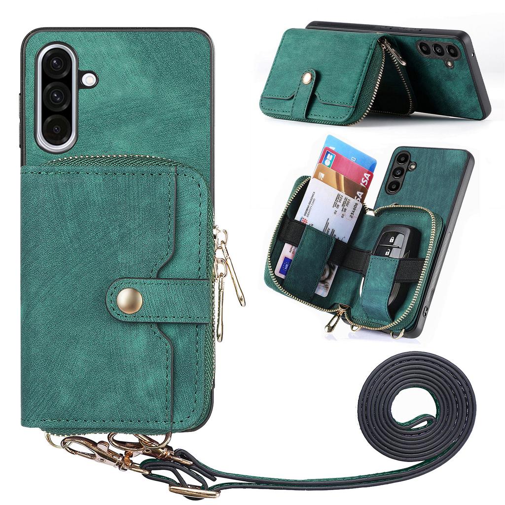 For Samsung Galaxy A56 5G PU Leather Phone Back Cover with Zipper Card Holder and Long Strap