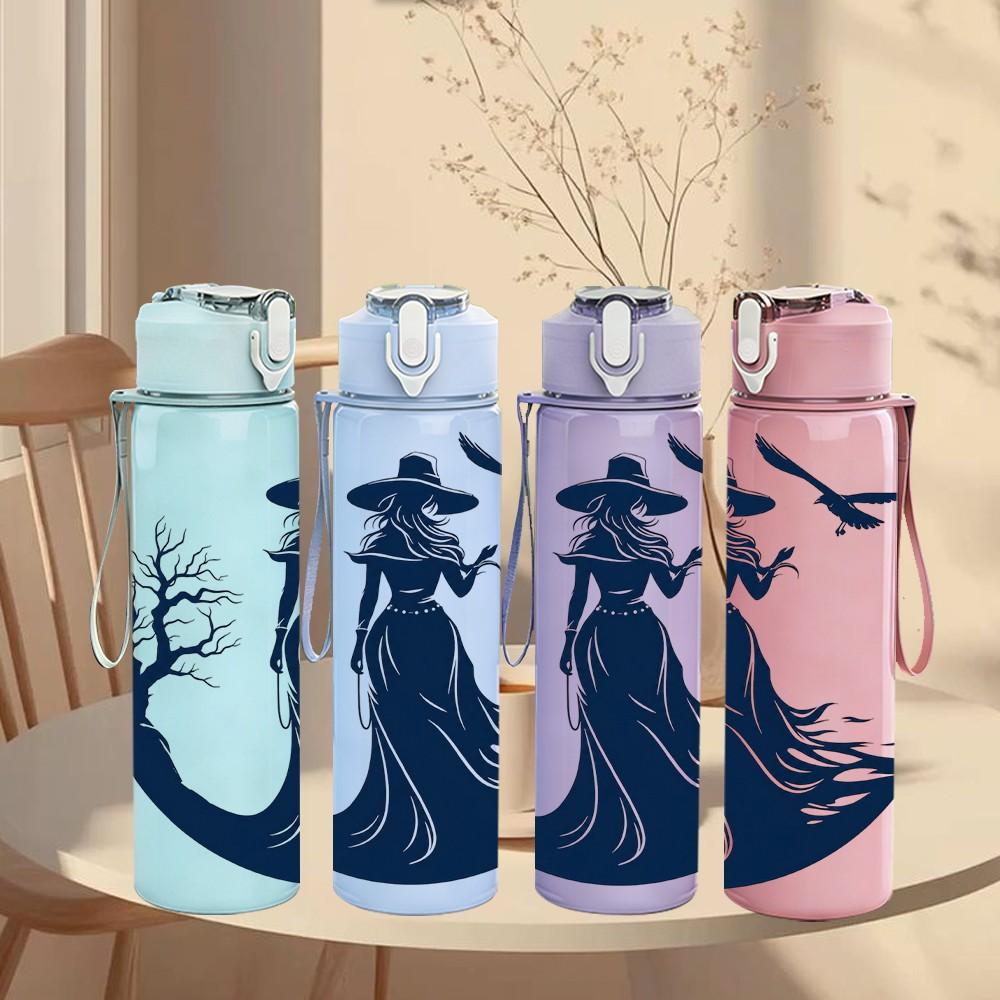 1PC Witch Silhouette Crow Bird 750ml Color Plastic Sports Water Bottle Leakproof Flip Straw Lid Suitable for Sports Office Home Use