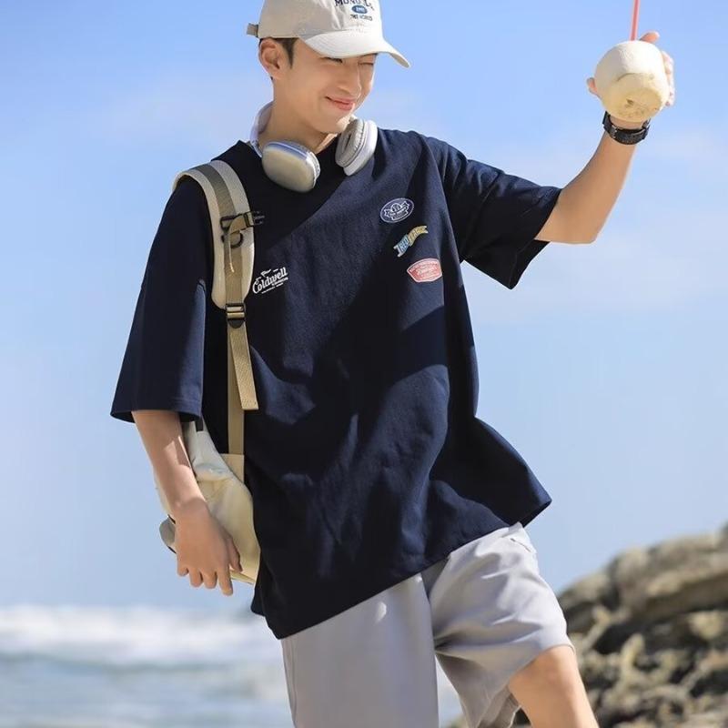 

Мужская летняя повседневная футболка с коротким рукавом и круглым вырезом в американском ретро-стиле XL темно-синий