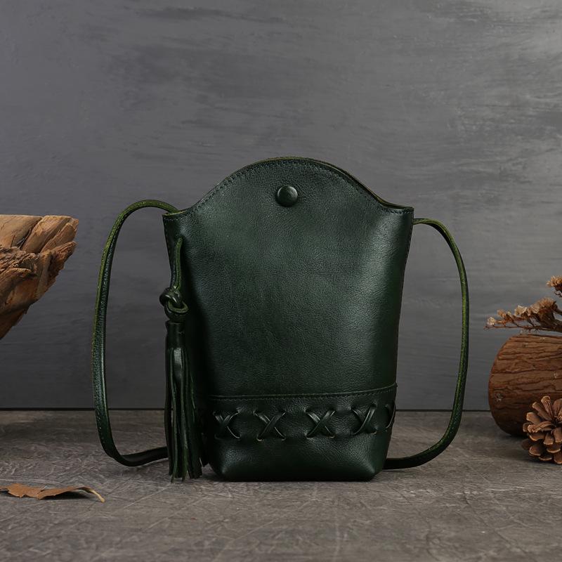 

Винтажная плетеная сумка-ведро с кисточками из натуральной кожи - Женская сумка кроссбоди и на плечо для телефона