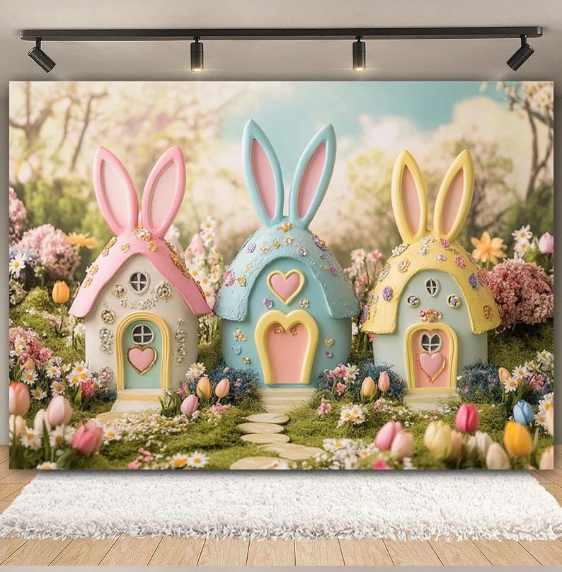 Spring Easter Cottage Colorful Egg Rabbit Photography Background Flower and Tree House Children's Birthday Decoration Backdrop