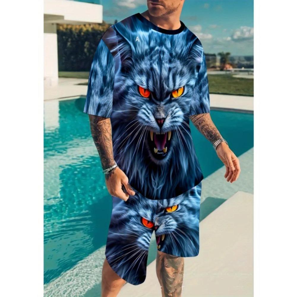 Fashionable and Comfortable Lion Print Short Sleeve T-Shirt and Shorts Set, Loose Summer Men's Two-Piece Outfit