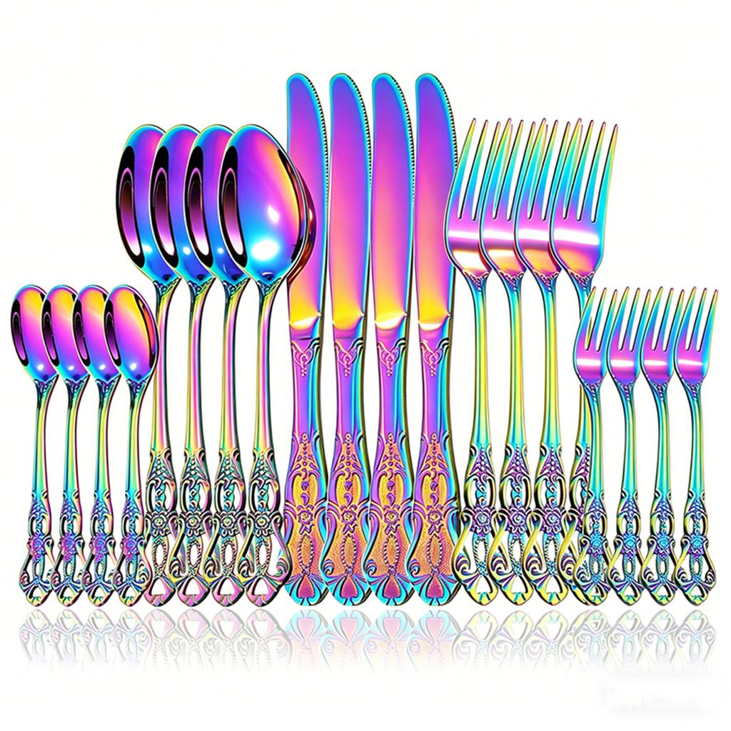 20Pcs Gold Stainless Steel Cutlery Set Royal European Spoon Fork and Steak Knife Retro Hollow Design Dinnerware Luxury Tableware