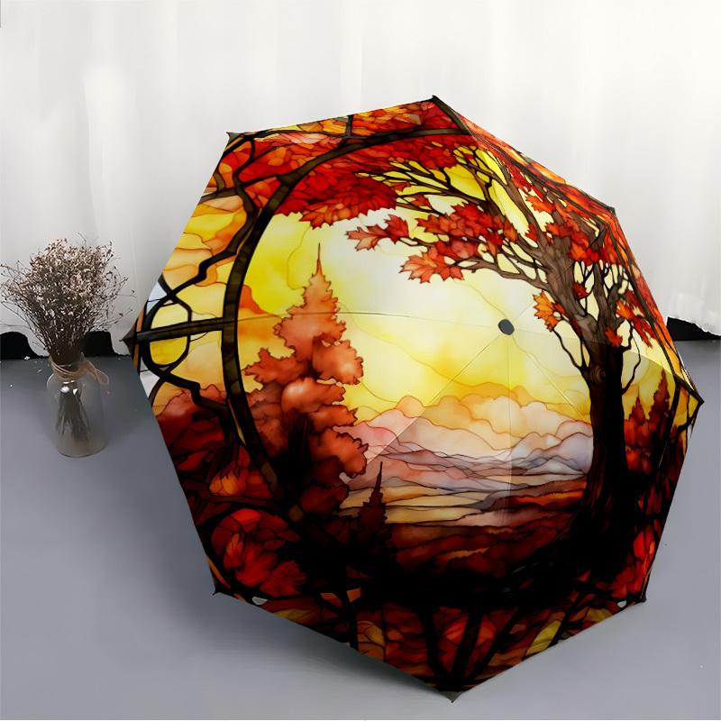 1pc Autumn Tree Stained Automatic Umbrella - Stylish, Durable, with 8-Rib Manual Open Design, Elegant Black Handleyy250920143