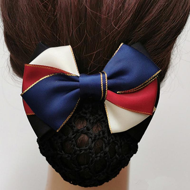 Nurse Stewardess Hair Accessories Bowknot Stripe Net Bun Hair Cover Women Barrette Net Bun Crochet Net Bun Snood