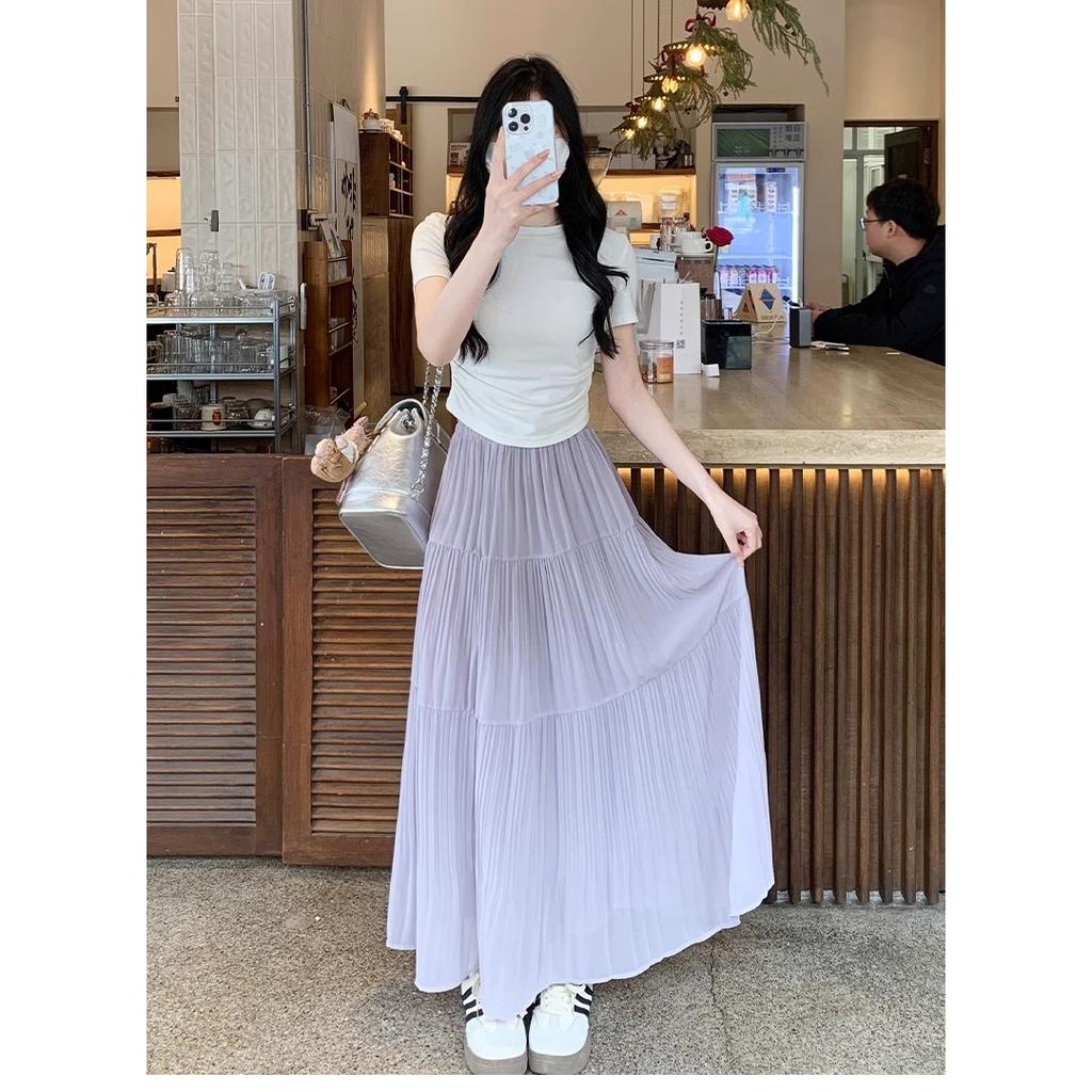 [Chiffon Fabric + Lined] Pink Skirt Women's New Summer Thin Gentle Long Dress Showing Thin Cake